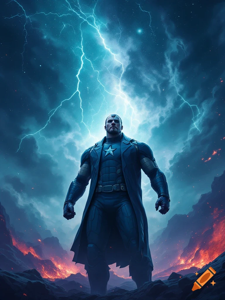Superhero figure stands dramatically in a stormy landscape with lightning and fire