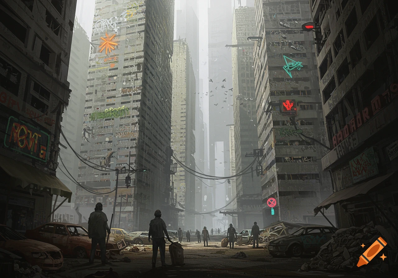A dystopian city street scene with tall, ruined buildings covered in graffiti, abandoned cars, debris, and figures walking through the street under an overcast sky.