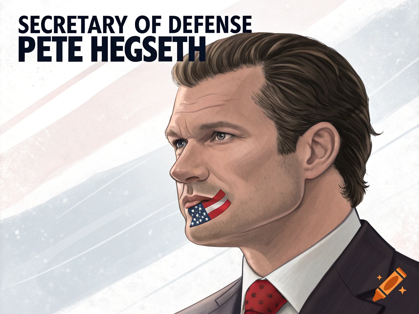 Illustration of Pete Hegseth with an American flag over his mouth. Text