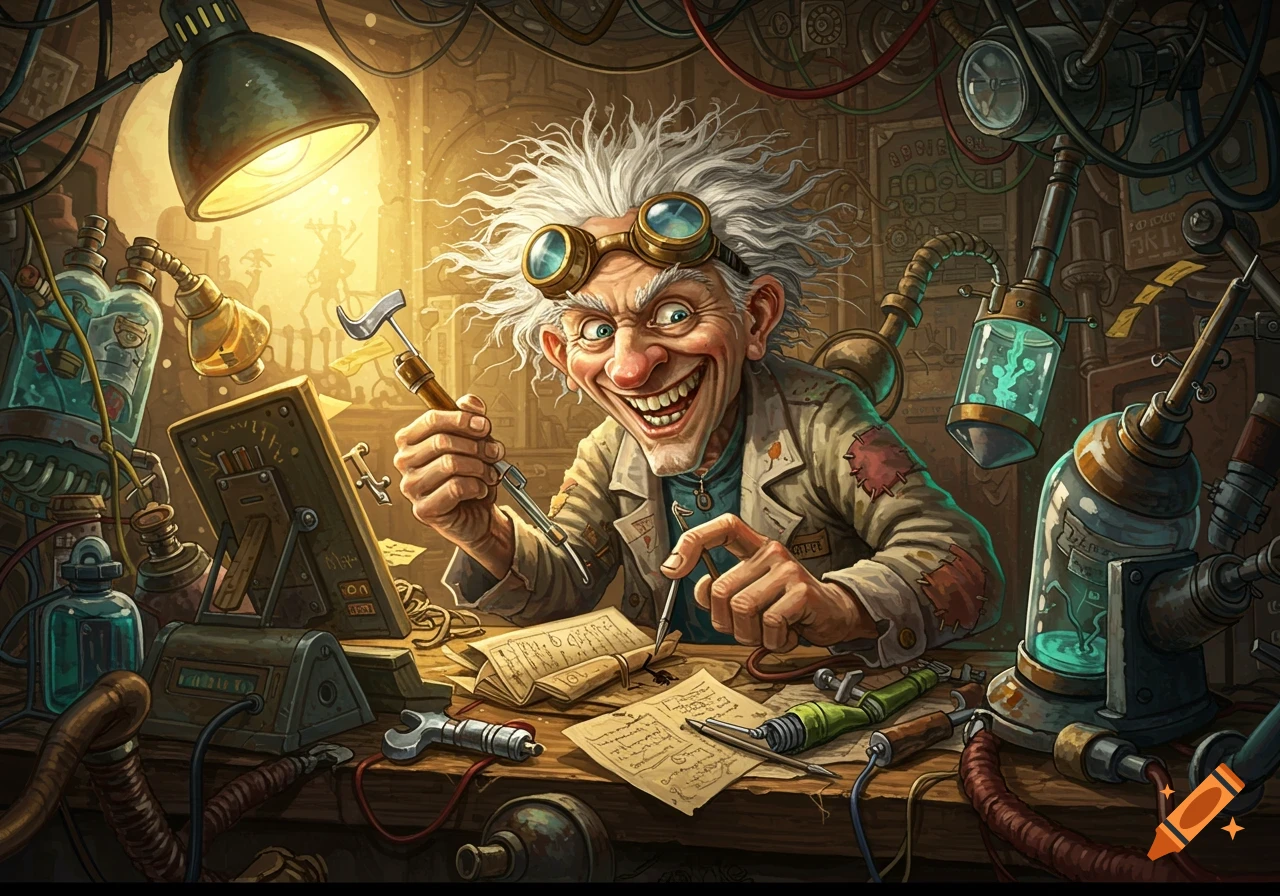 A crazy inventor in a chaotic lab, holding a tool and smiling manically.
