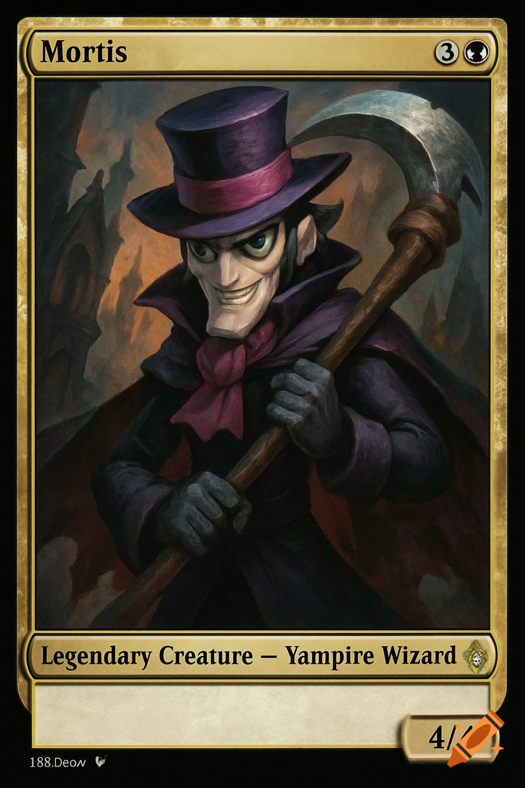 A fantasy character in a top hat and cloak, holding a scythe, depicted as a trading card.