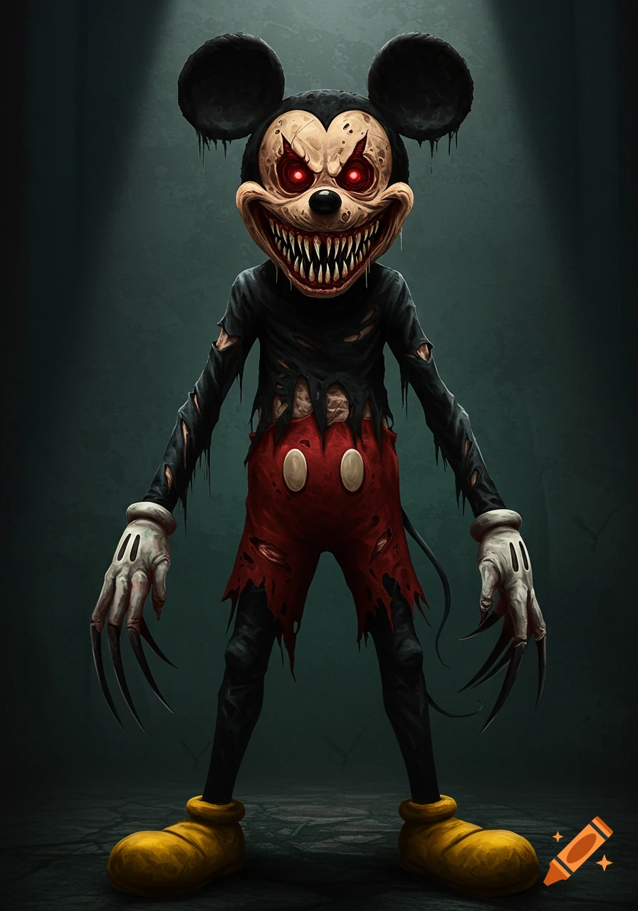 A tall, scary monster resembling Mickey Mouse with sharp teeth, glowing red eyes, ripped clothes, and claws.
