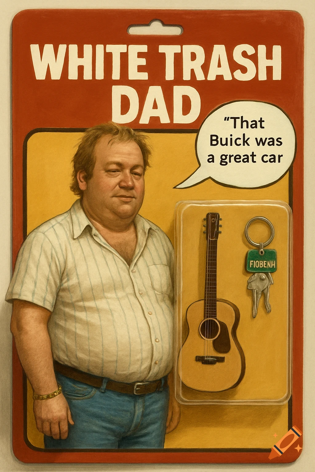 A man in action figure packaging titled 'White Trash Dad' with a speech bubble and accessories.