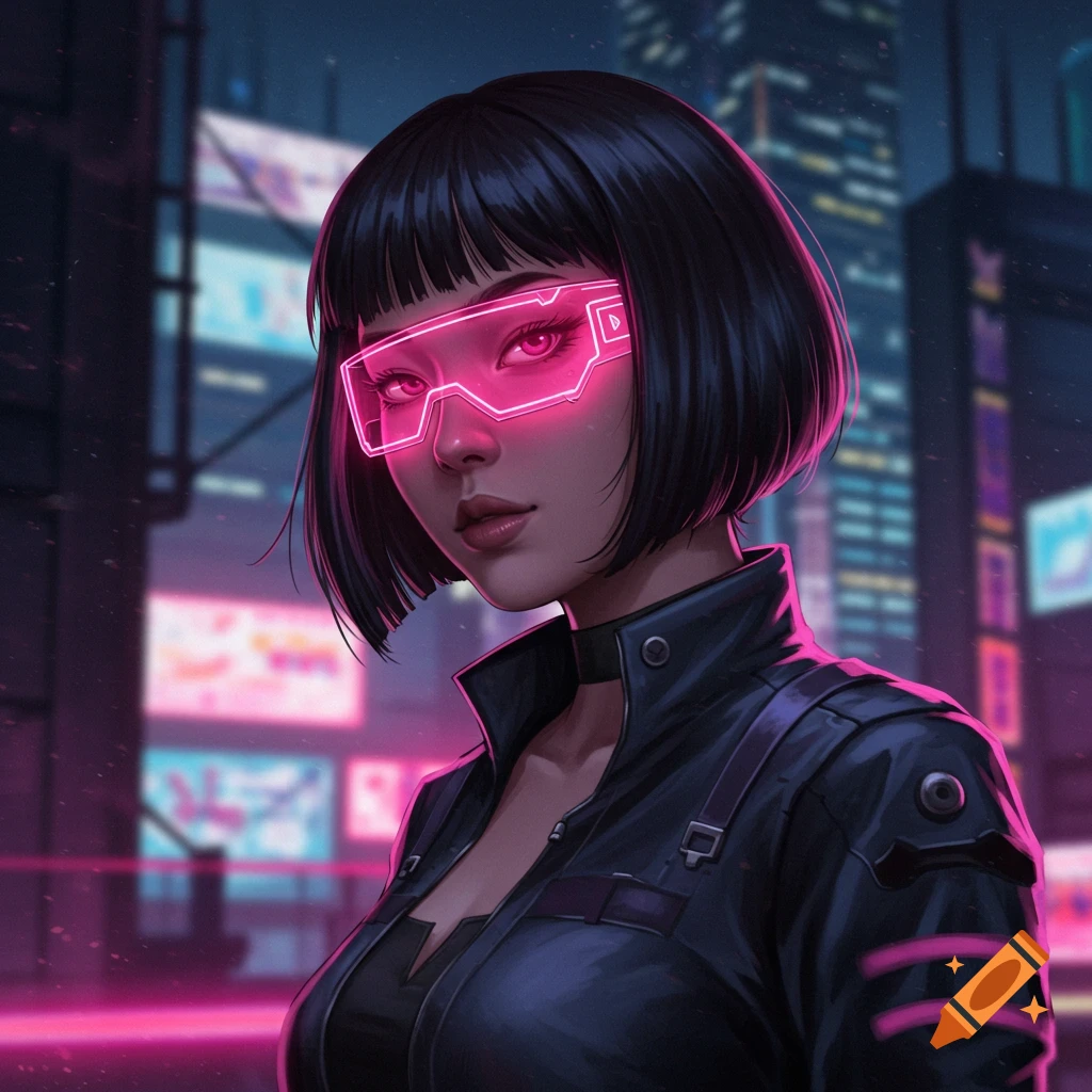 Cyberpunk woman with neon pink eye visor and bob haircut in a futuristic city