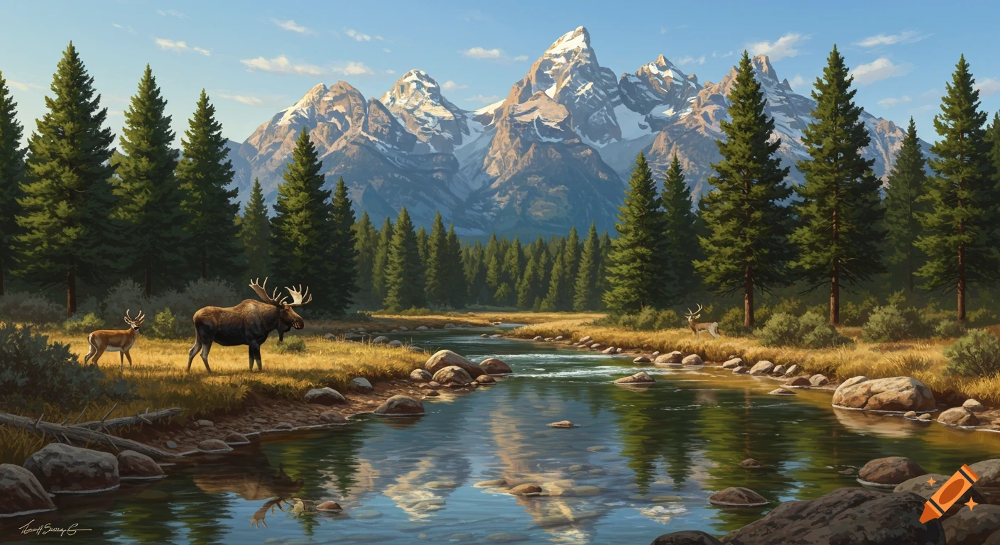 A moose and deer by a river in a mountain landscape with pine trees.