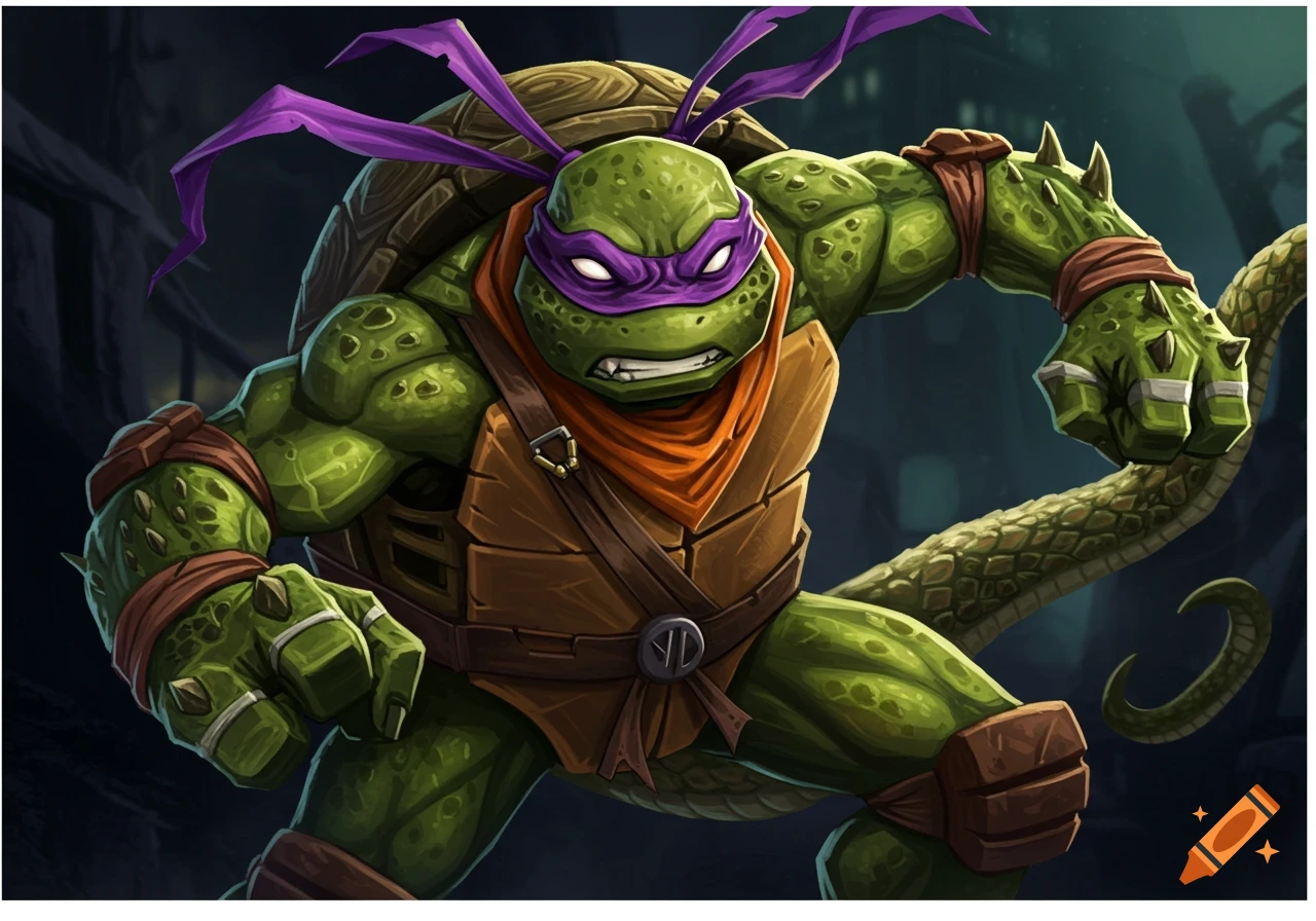 Mutated Donatello from TMNT in dynamic pose, wielding a snake-like weapon.