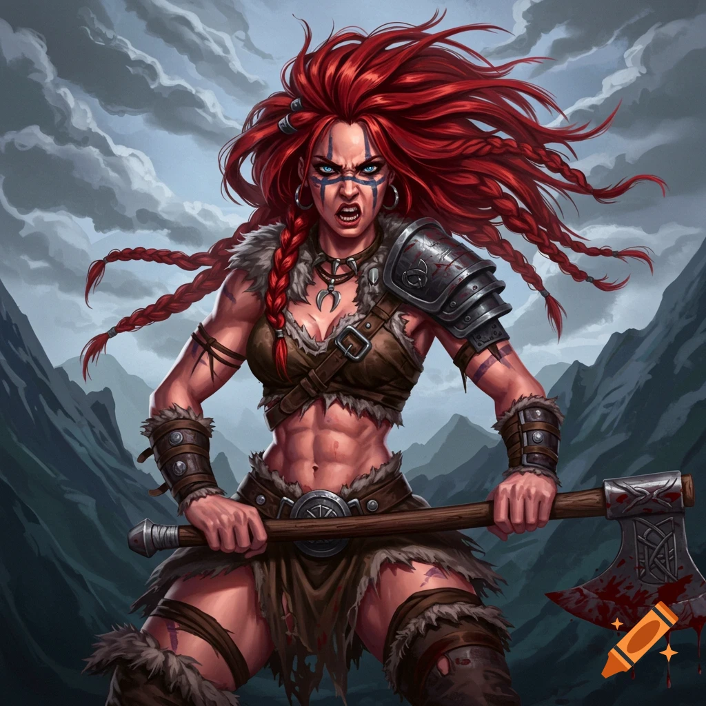A fierce female barbarian with red hair and an axe in a mountain landscape.