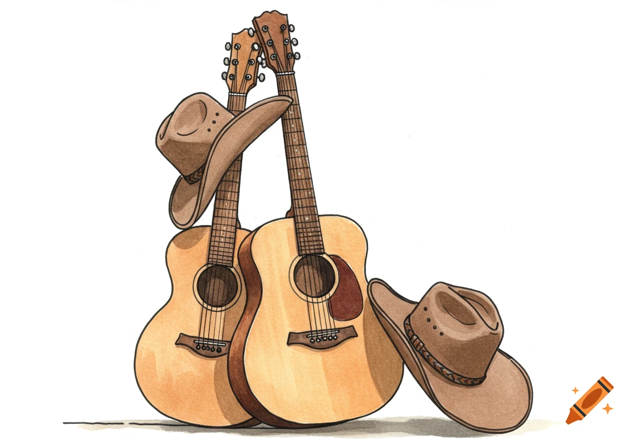 A line drawing illustration of two acoustic guitars with cowboy hats.