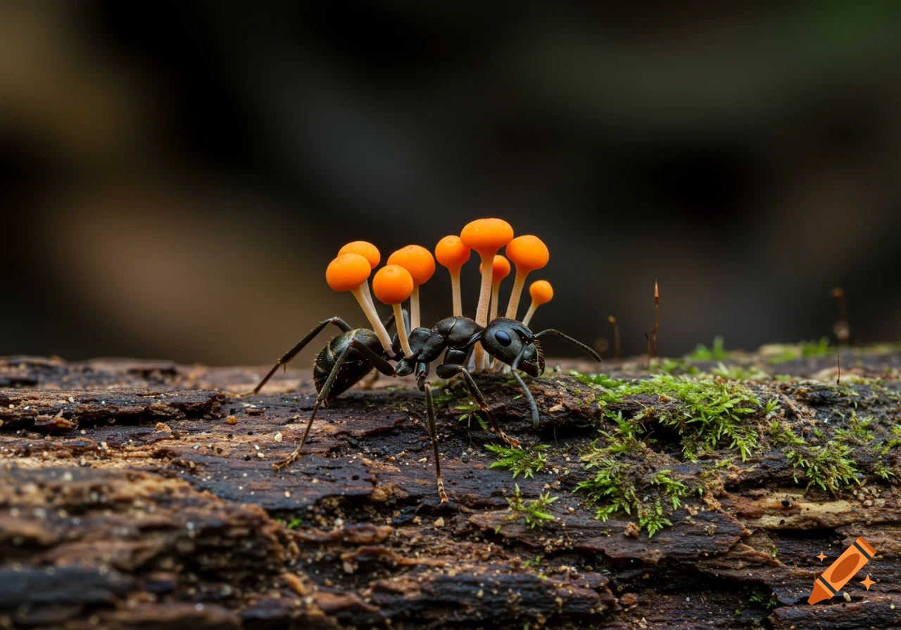 Macro photo of an ant with orange cordyceps mushrooms growing from its back, on a log.