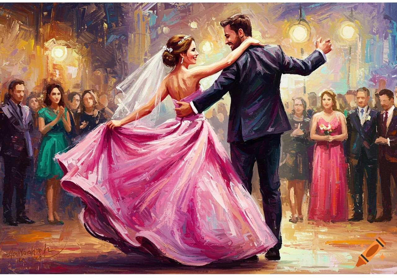 Expressionist painting of a bride and groom dancing at a wedding.