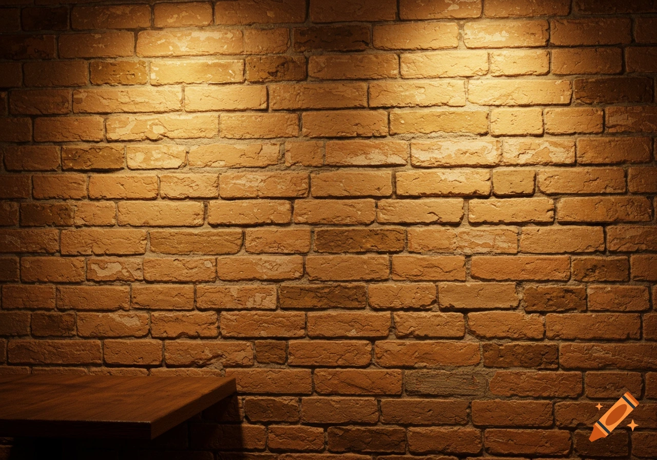 A warmly lit brick wall with two spotlights shining down. A wooden table corner is visible in the foreground.