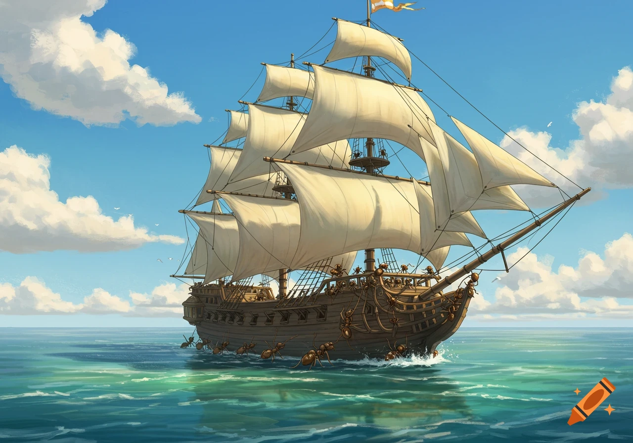 A large sailing ship covered in giant ants on the sea