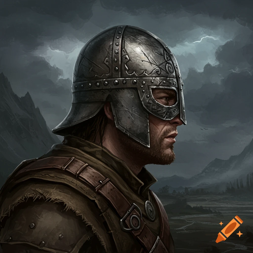 Profile portrait of a person wearing a detailed medieval helmet.