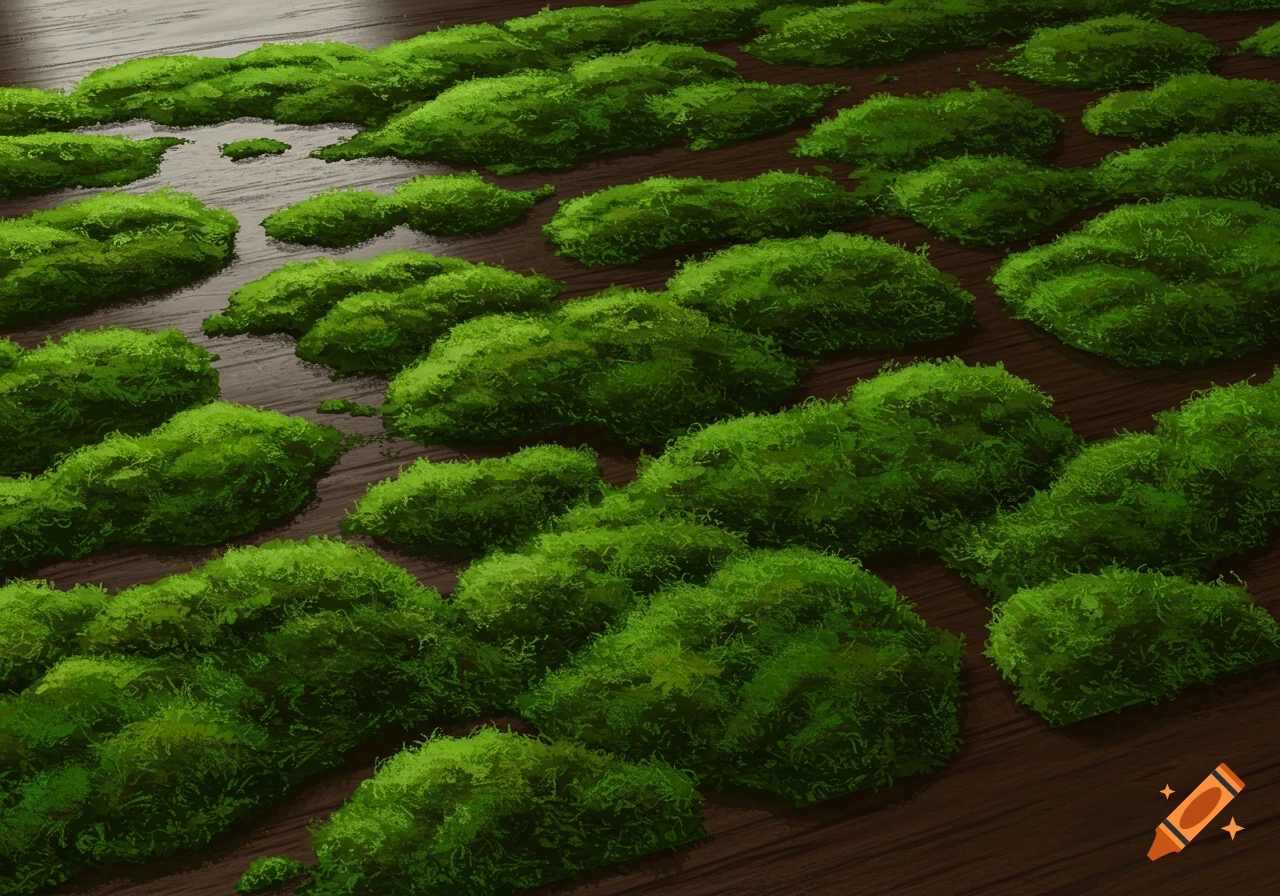 Patches of green moss on a brown surface.