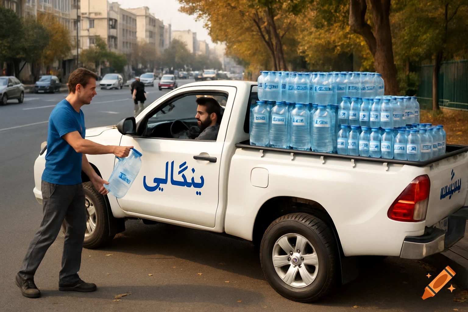 Man hands bottle to driver in truck loaded with water bottles on a city street.