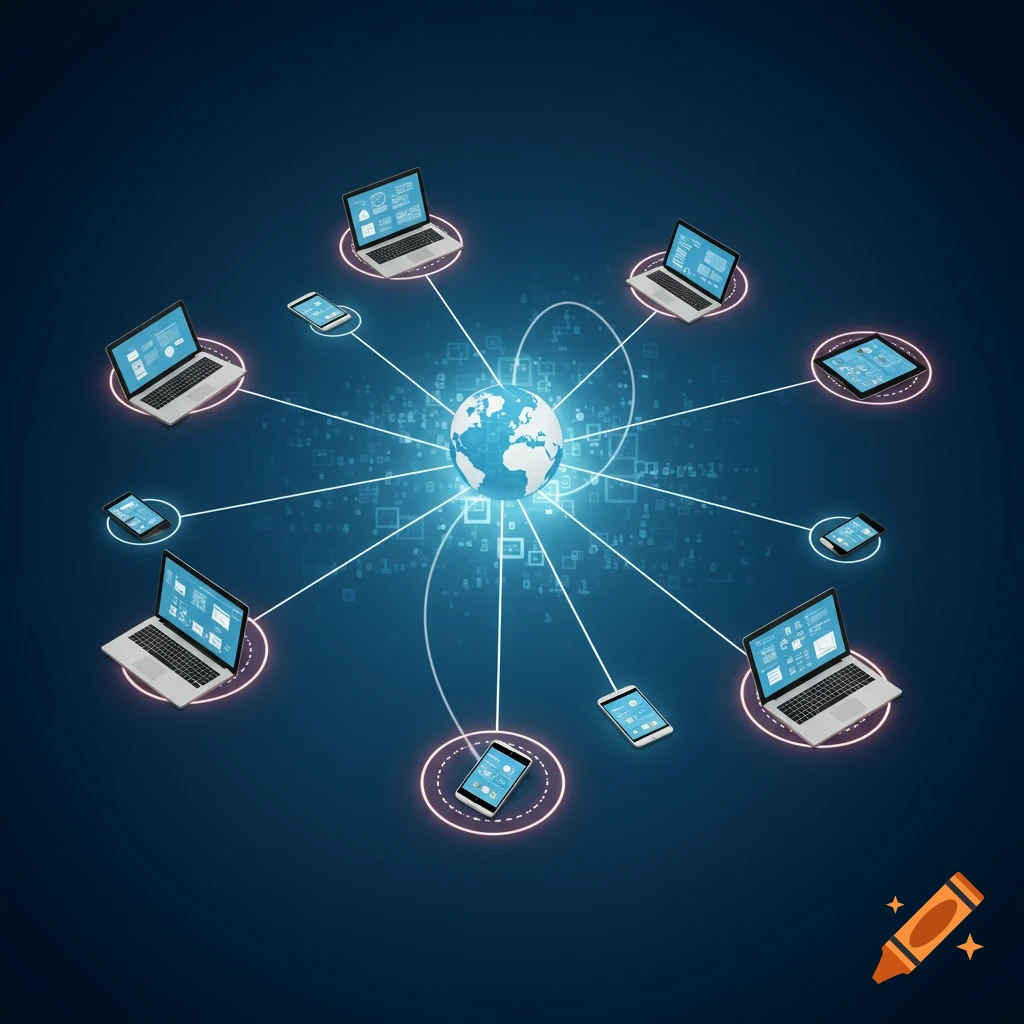 Digital illustration of a globe connected via lines to laptops and smartphones in a network.