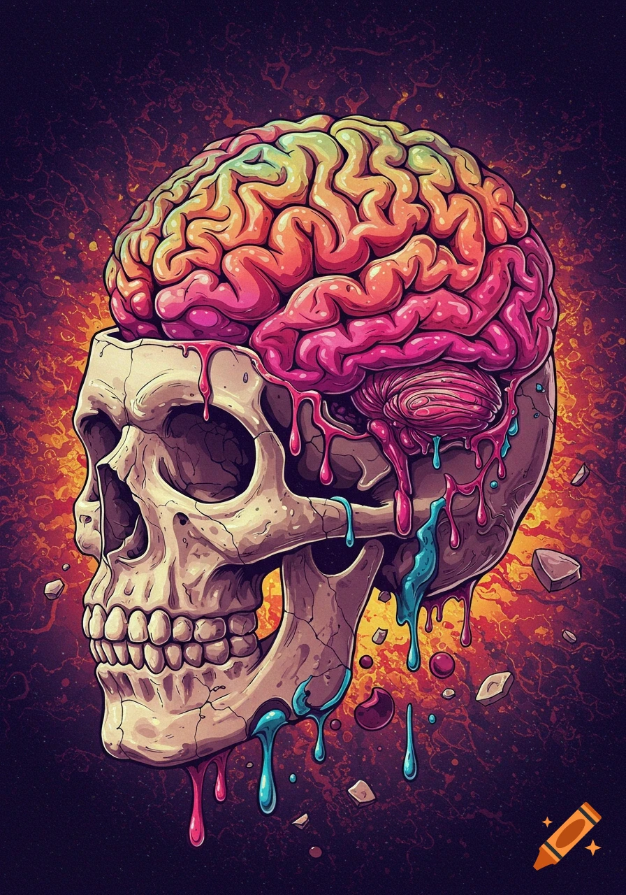Psychedelic depiction of a skull with a colorful brain dripping out.