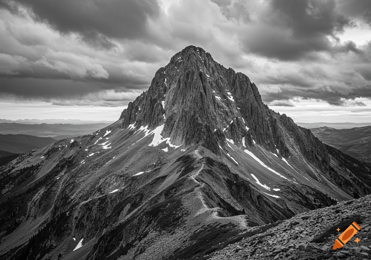 A black and white photo of a rugged mountain peak with snow patches and a trail on the ridge under dramatic clouds.