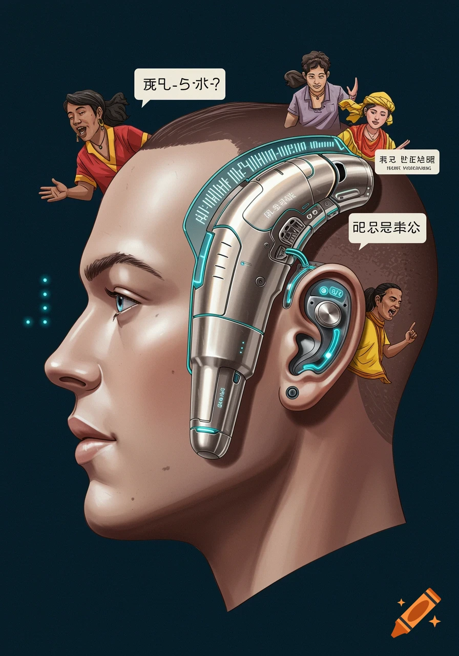Illustration of a person with a futuristic earpiece translating multiple languages, with small figures speaking in bubbles.