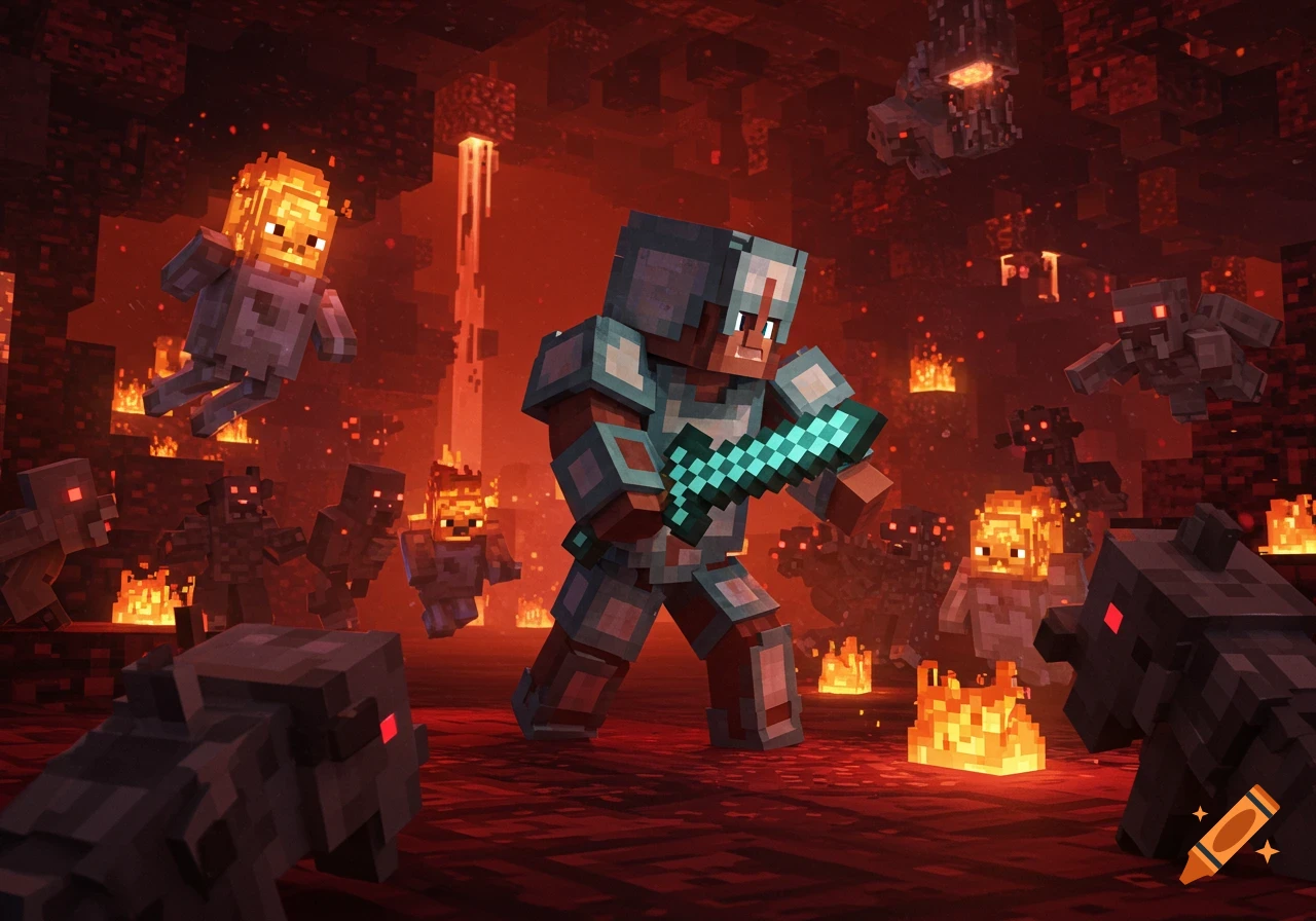 Minecraft character in netherite armor fighting monsters in a fiery cave.