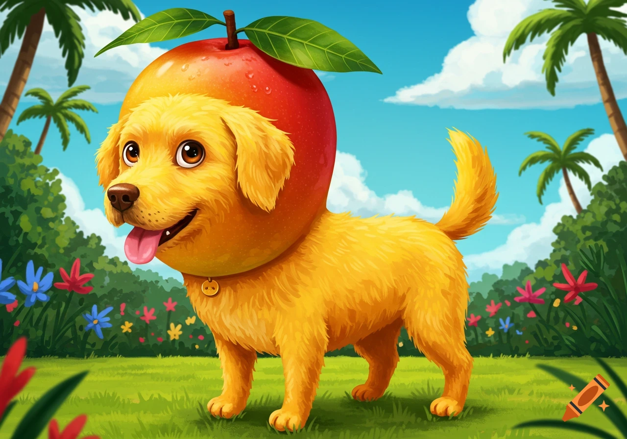 A yellow dog with a mango head standing in a tropical setting with palm trees and flowers.