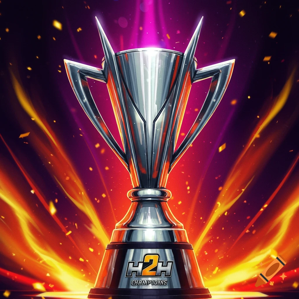 A silver trophy sits against a fiery background, adorned with gold confetti.