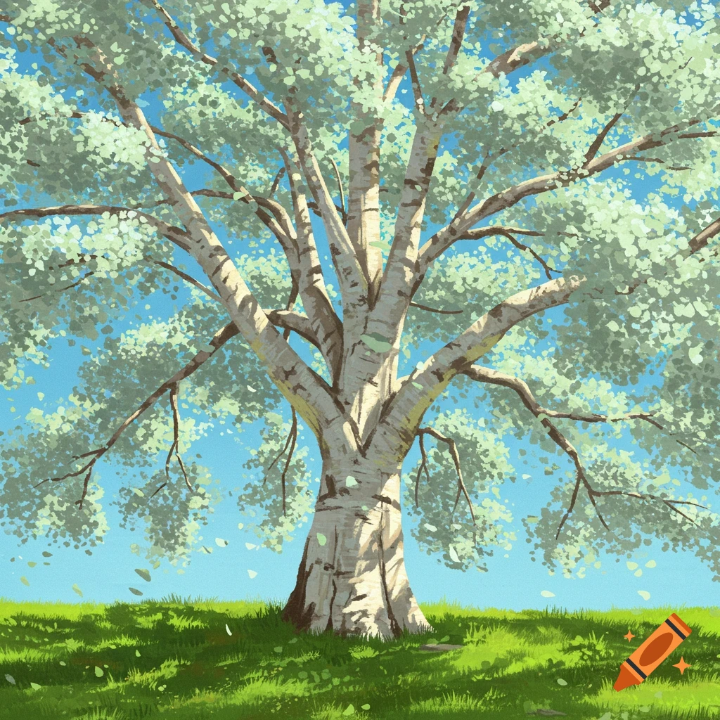 A large cottonwood tree stands on a grassy hill under a blue sky.