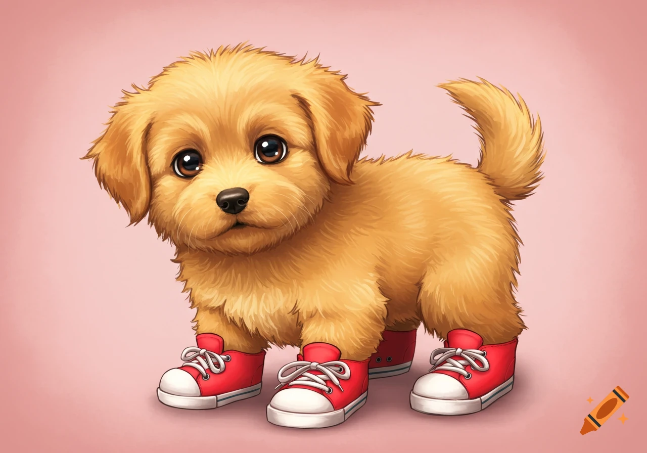 A cute puppy wearing red high-top shoes.