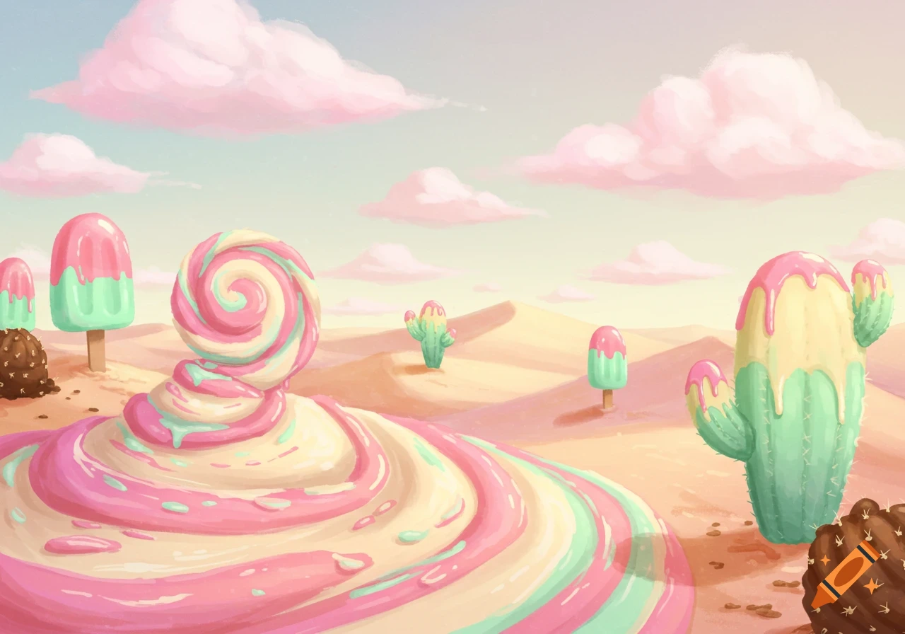 A desert made of swirled ice cream, with lollipop plants and popsicle cacti under a sky with pink clouds.