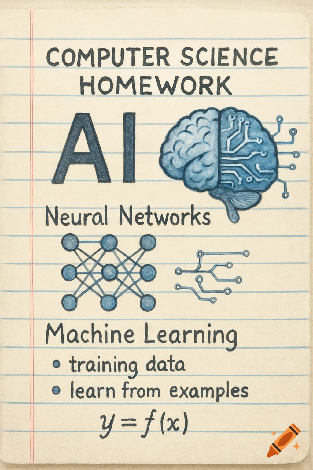 Computer science homework notes on AI, with text, diagrams, and a brain graphic on notebook paper.