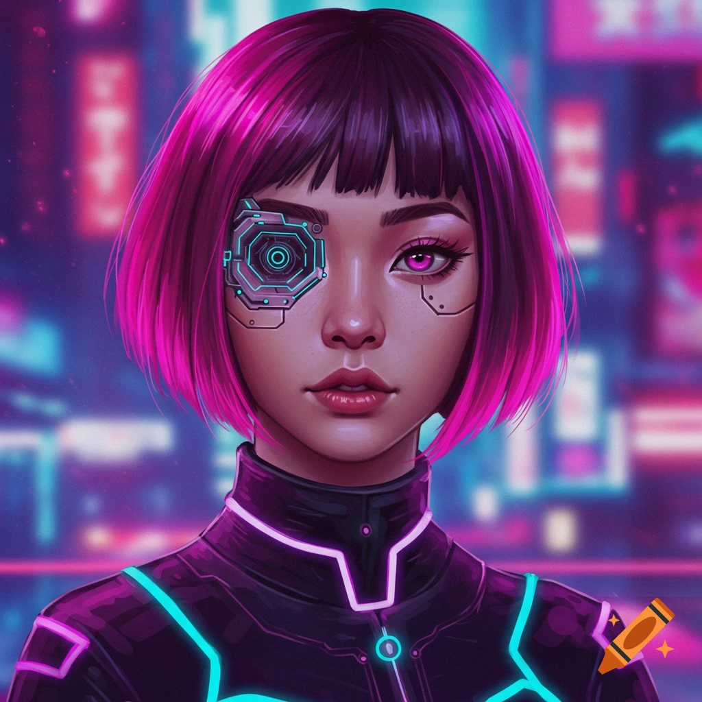 Cyberpunk woman with pink bob hair and cybernetic eye against a neon city background.