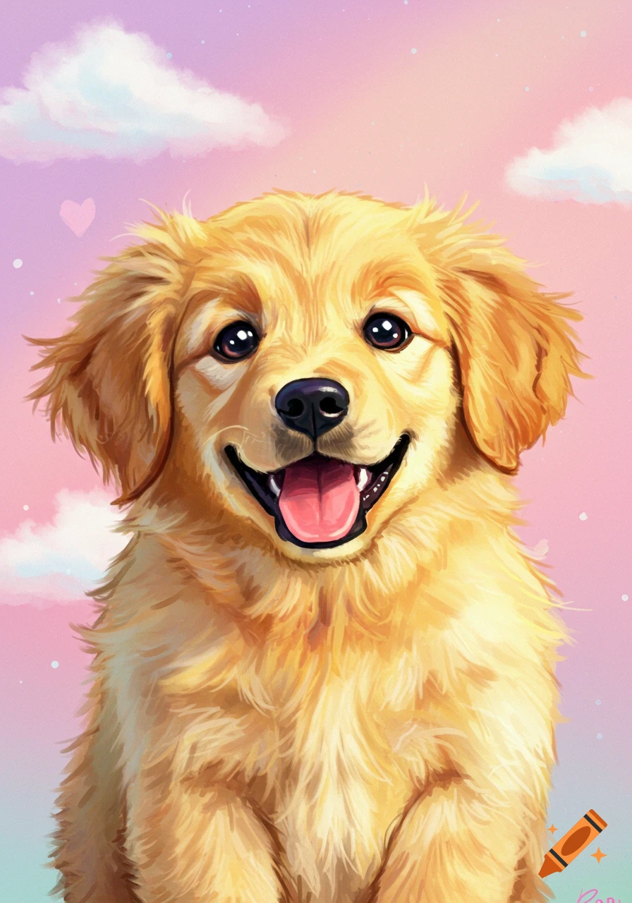 A happy golden retriever puppy with a pink sky background.