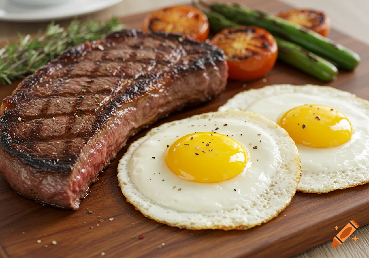 Close-up of grilled steak and two fried eggs with grilled asparagus and tomatoes on a wooden cutting board.