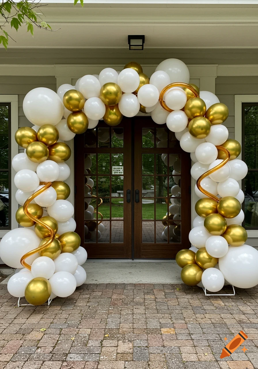 White and gold balloon arch in front of wooden doors.