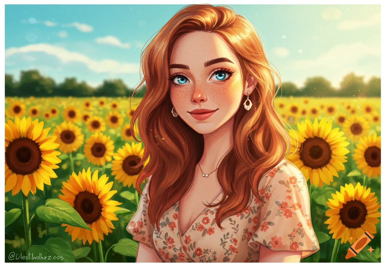 A young woman with red hair and blue eyes stands in a field of sunflowers.