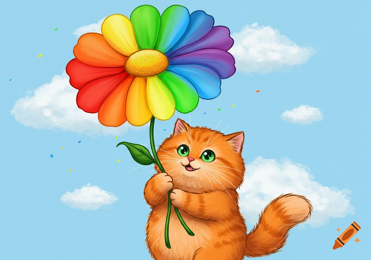 Cute cartoon orange cat holds a bright rainbow colored flower like a balloon against a blue sky with clouds.