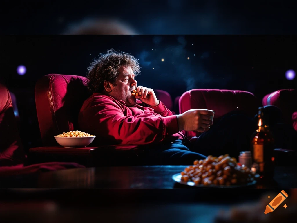 Man eating snacks while watching a movie in a dark cinema.