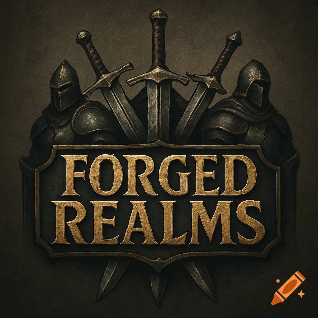 Dark medieval logo with 'FORGED REALMS' text, featuring knights and swords