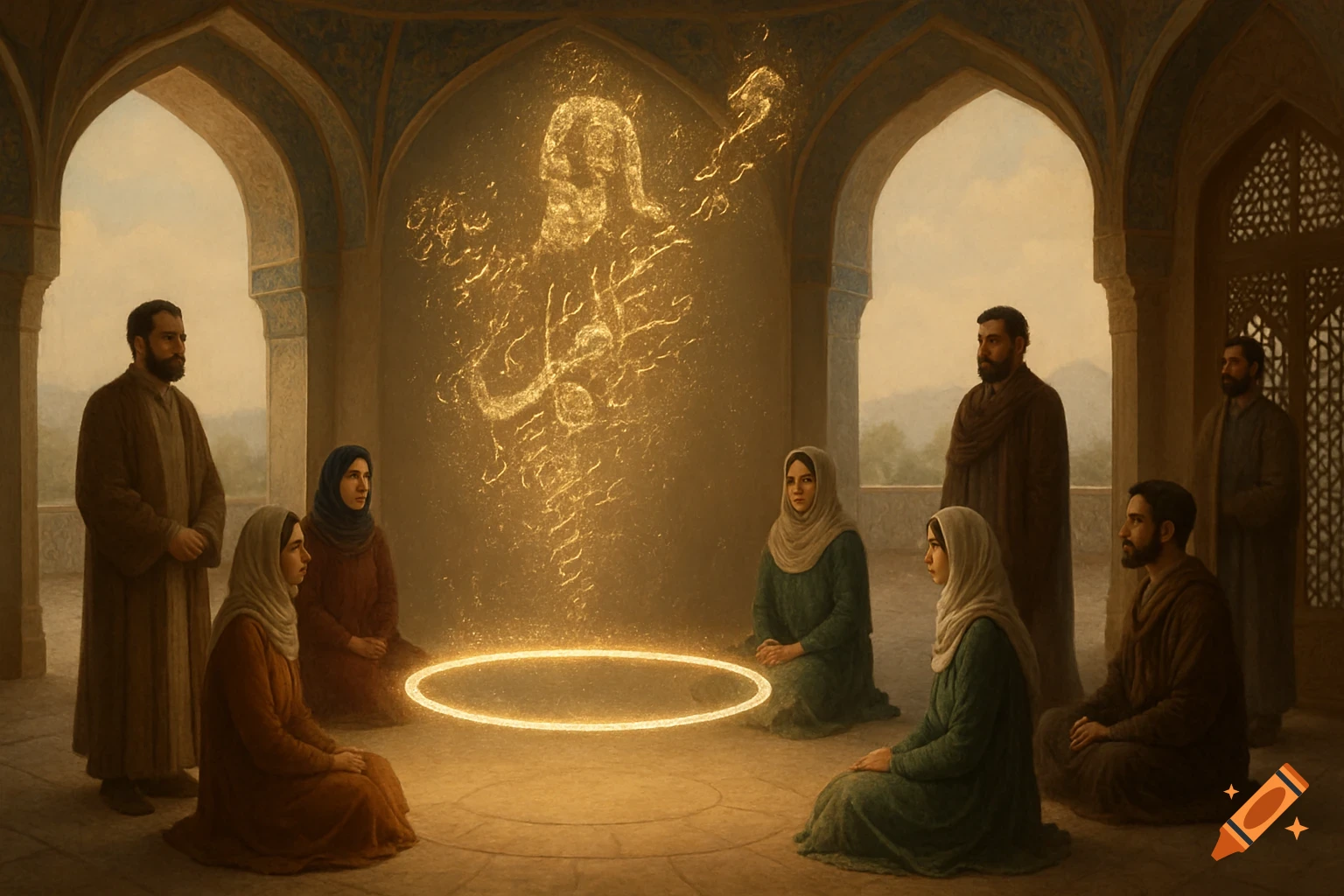 People in traditional clothing gather in a room with arches looking at a glowing figure.