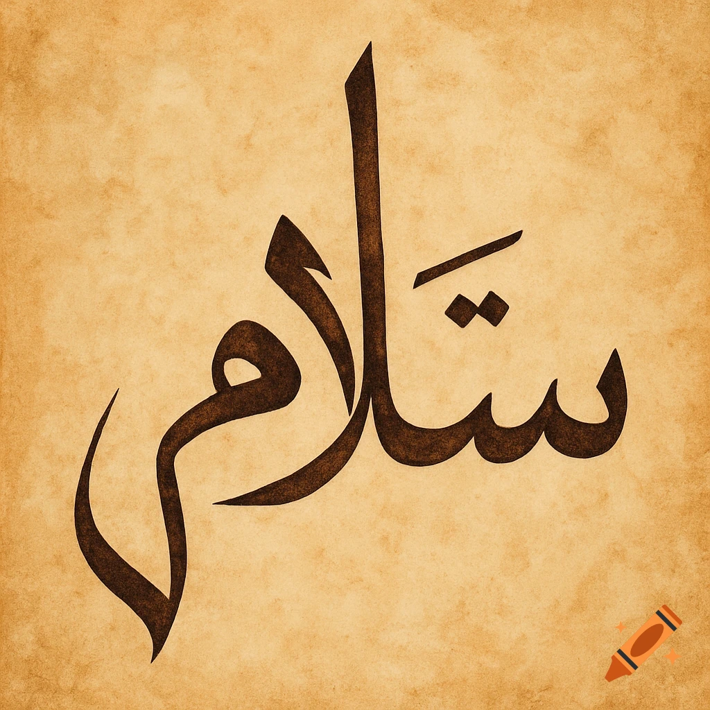 Arabic calligraphy of the word 'Salam' on textured paper