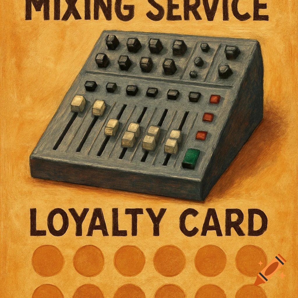 A mixing console on a loyalty card with text "MIXING SERVICE LOYALTY CARD".