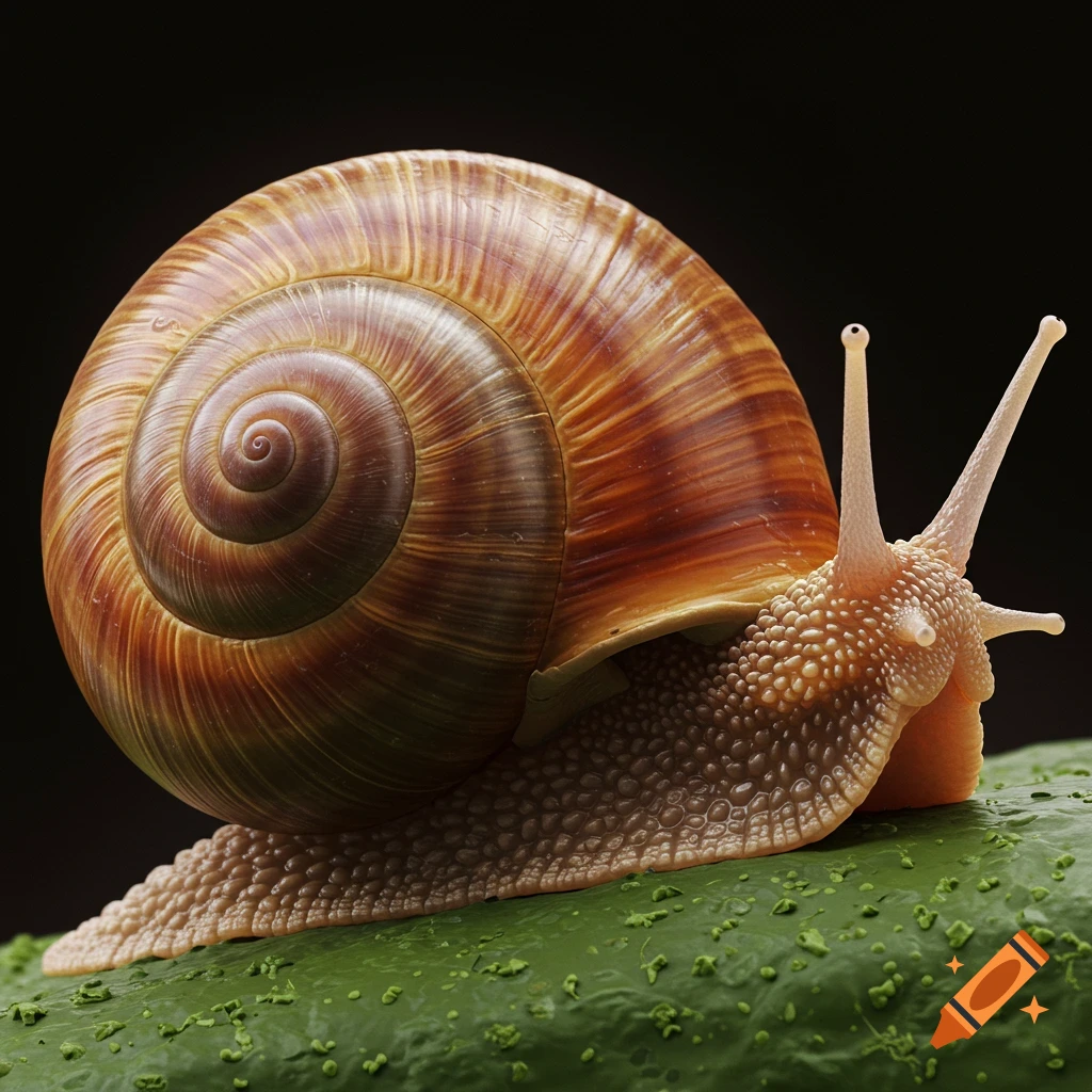 A close-up of a large snail on a green surface.