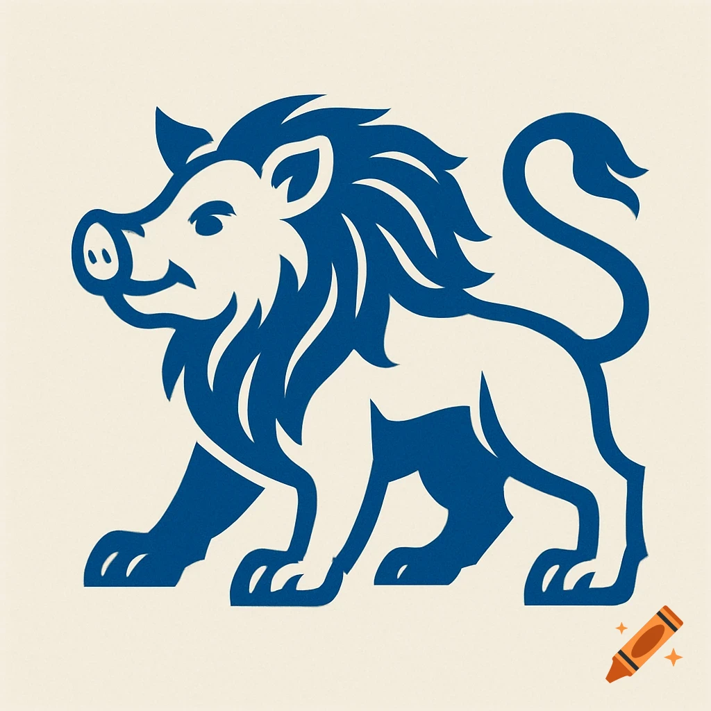 A blue stylized logo of a pig and lion hybrid creature on a light background.