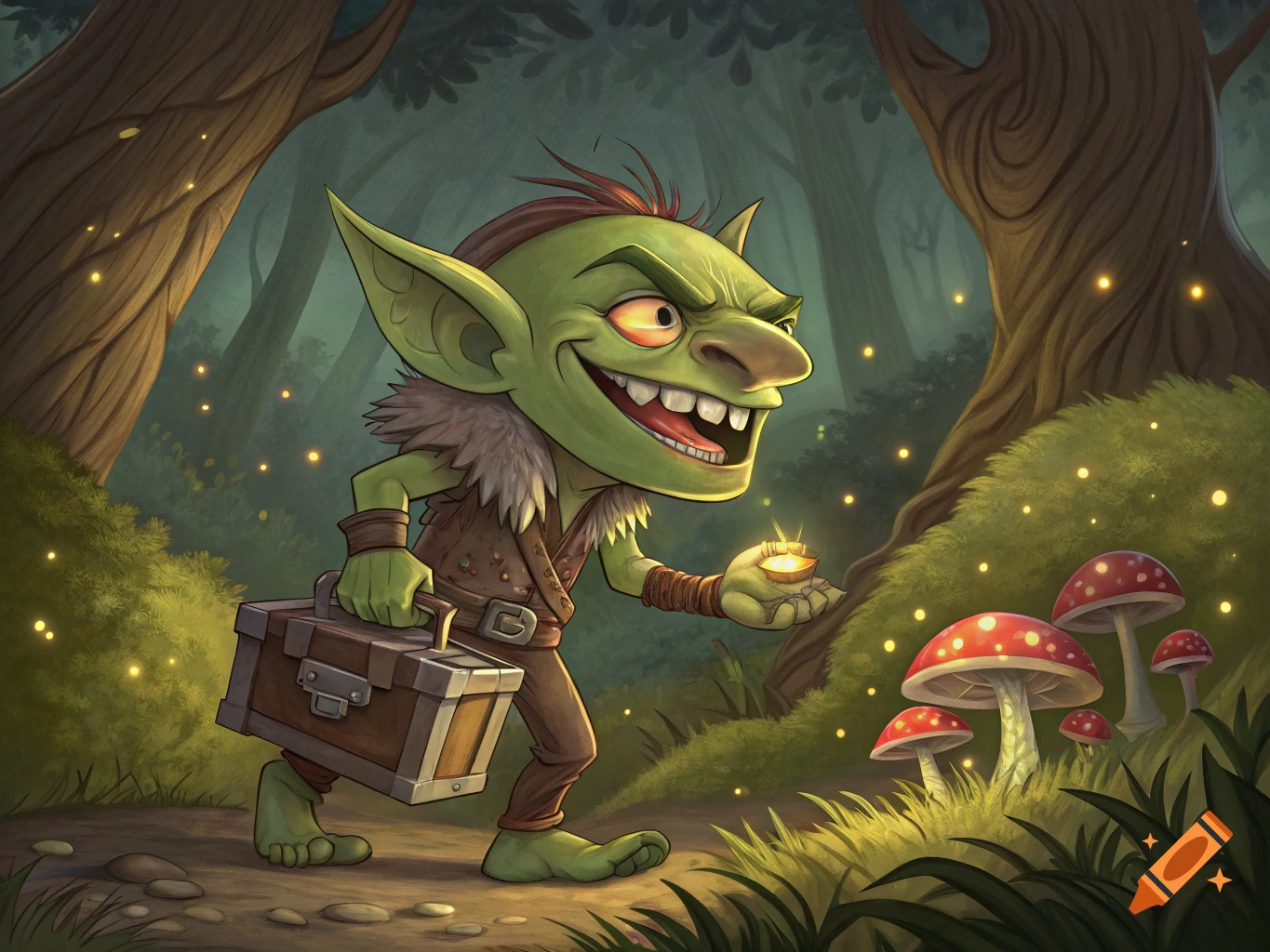 A green goblin carries a chest and holds a glowing object in a forest at night.