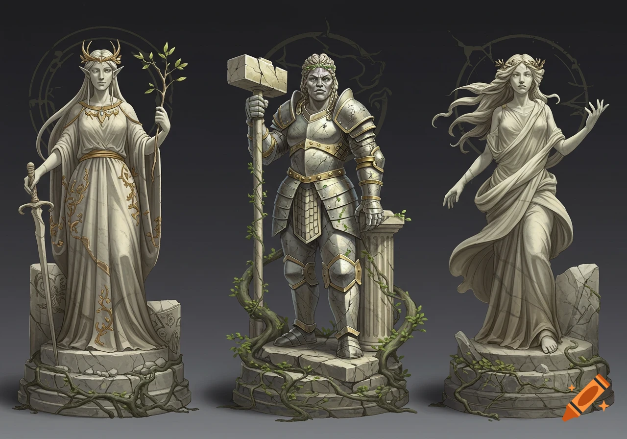 Three weathered stone statues: an elf with sword and plant, a warrior in armor with a hammer, and a woman in flowing robes.
