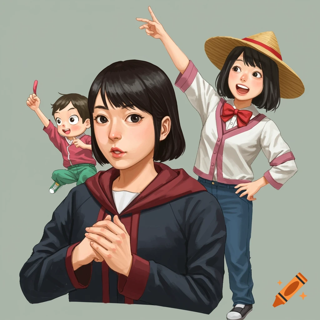 Illustration of three young people in different outfits, one in a straw hat and bow tie.