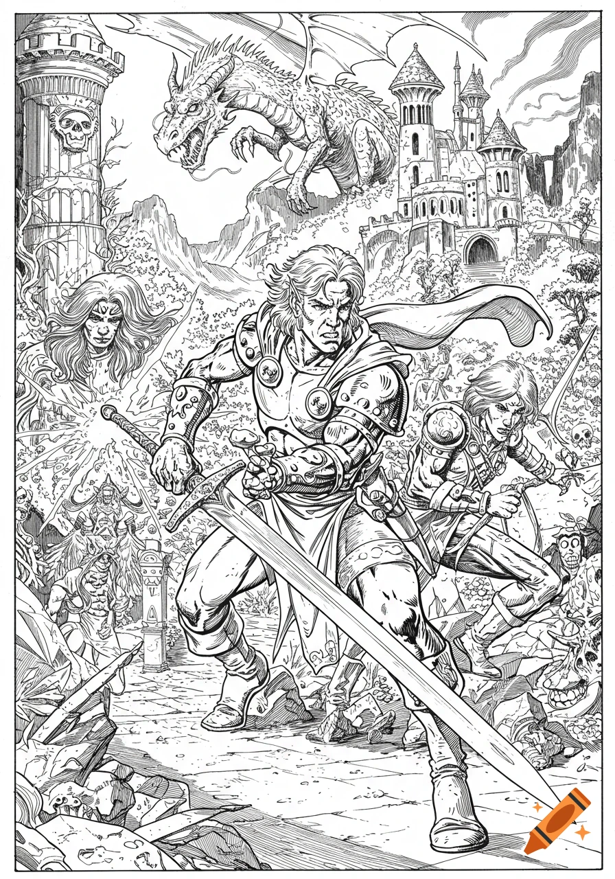 Black and white line art of fantasy heroes battling monsters with a dragon and castles in the background.