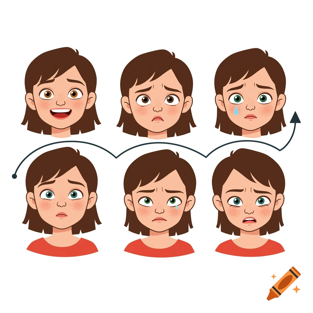 Cartoon illustration showing a young girl's face with six different emotional expressions.