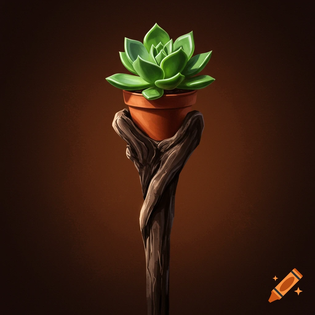 A potted succulent is held by a wooden staff structure on a brown background.