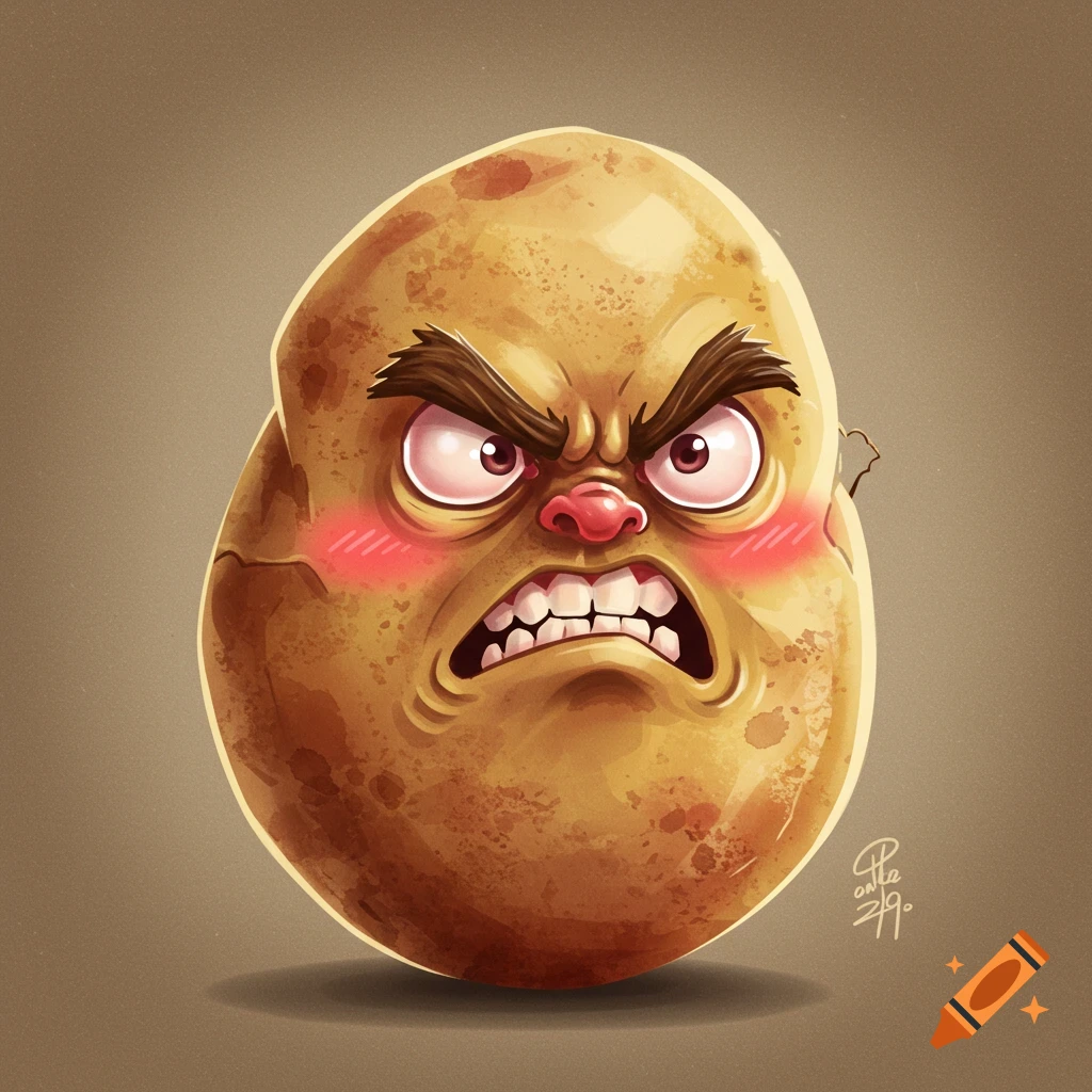 Angry cartoon potato face with rosy cheeks.
